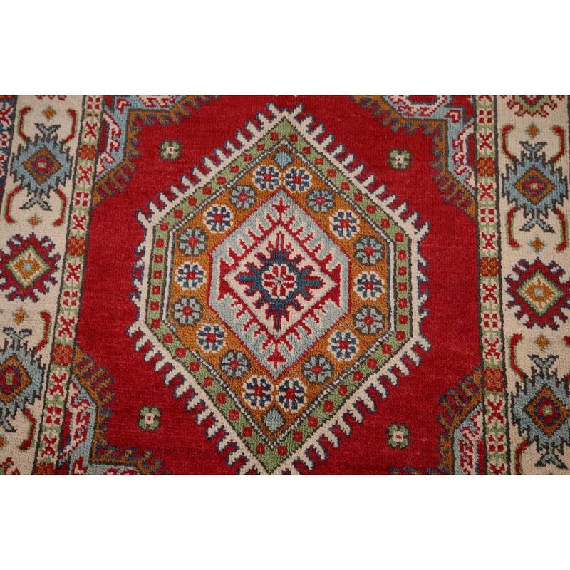 Geometric Red Kazak Accent Rug Home Decor Hand-Knotted Wool Carpet - 2'10" x 4'5"