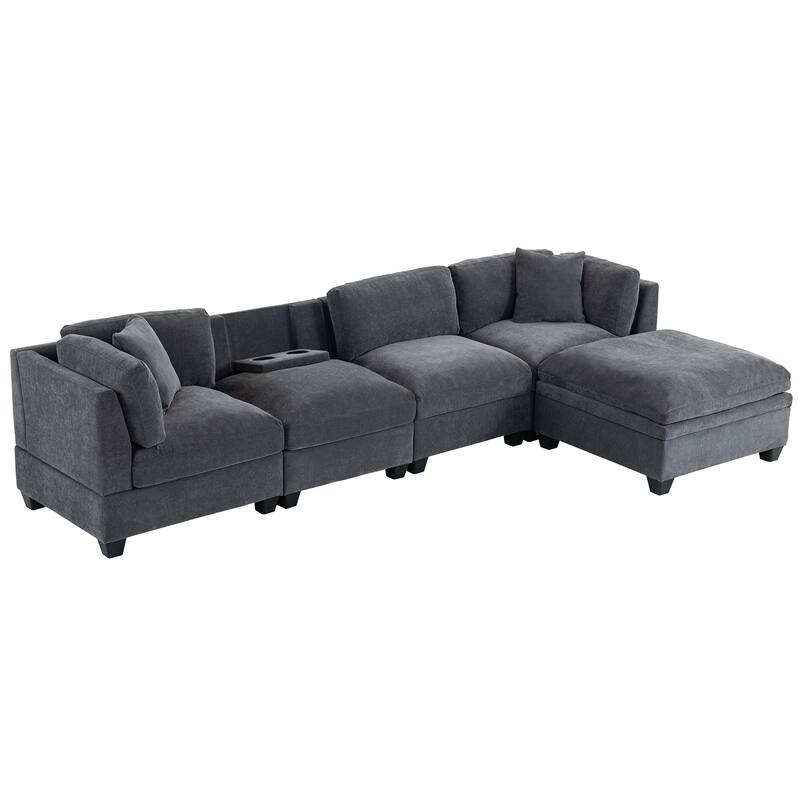 Modular L-Shaped Sectional Sofa with Removable Storage Ottoman, Upholstered Sofa Couch with 2 Hidden Cup Holders for Living Room