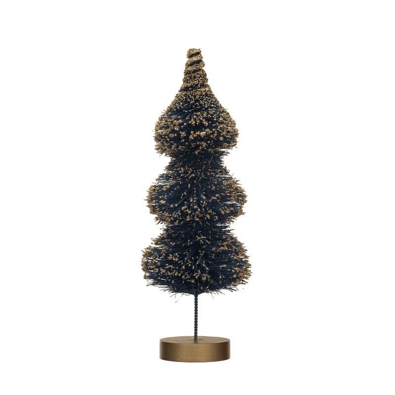 Sisal Bottle Brush Tree with Gold Glitter and Wood Base - Blue