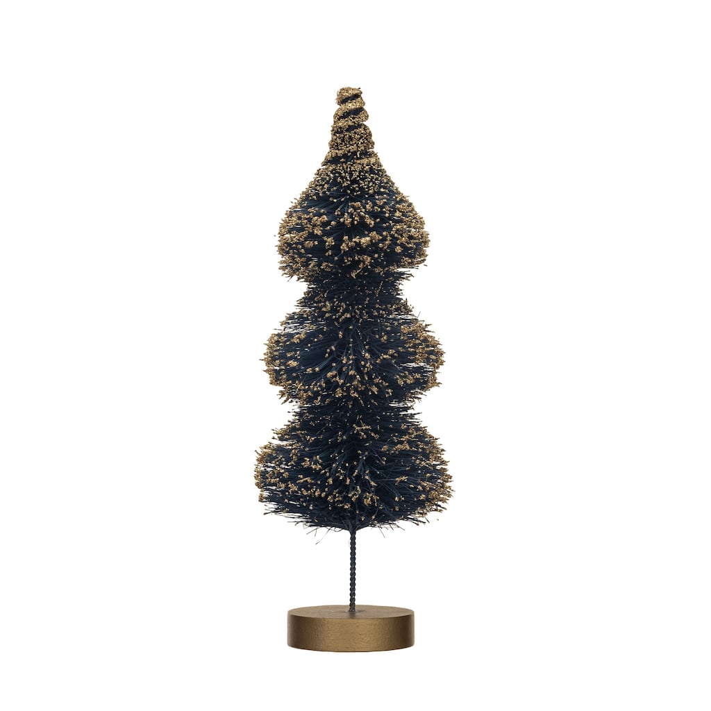 Sisal Bottle Brush Tree with Gold Glitter and Wood Base