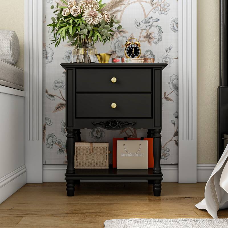 Nightstand Side Tables Drawers and Open Storage Shelf White Lacquer