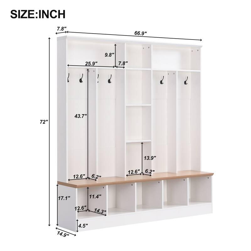 Wide Design Hall Tree with Storage Bench, Shoe Cabinet with Cube Storage & Shelves, Multifunctional Coat Rack with 8 Hooks