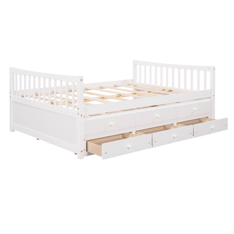Wooden Twin/Full Size Daybed with Pull-Out Trundle & Drawers, No Box Spring Needed