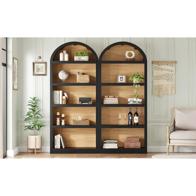 Freestanding Tall Bookshelves Set of 2, Farmhouse Two-Tone Open Storage Cabinet with Fabric Arched Top, 5-Tier Display Bookcase