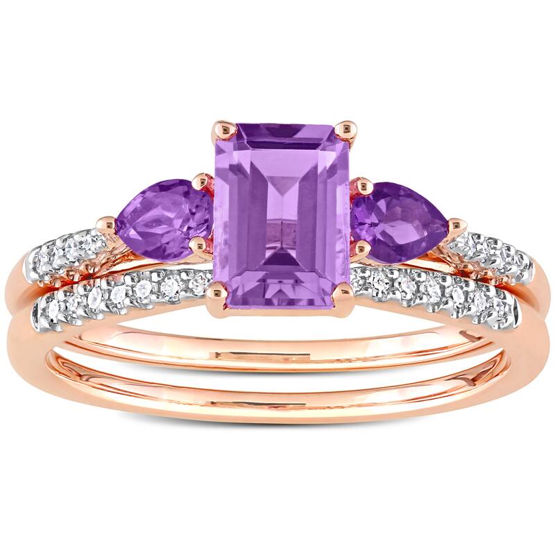 Miadora 10k Rose Gold Rose de France African Amethyst & 1/10ct TDW Diamond 3-Stone Bridal Ring Set