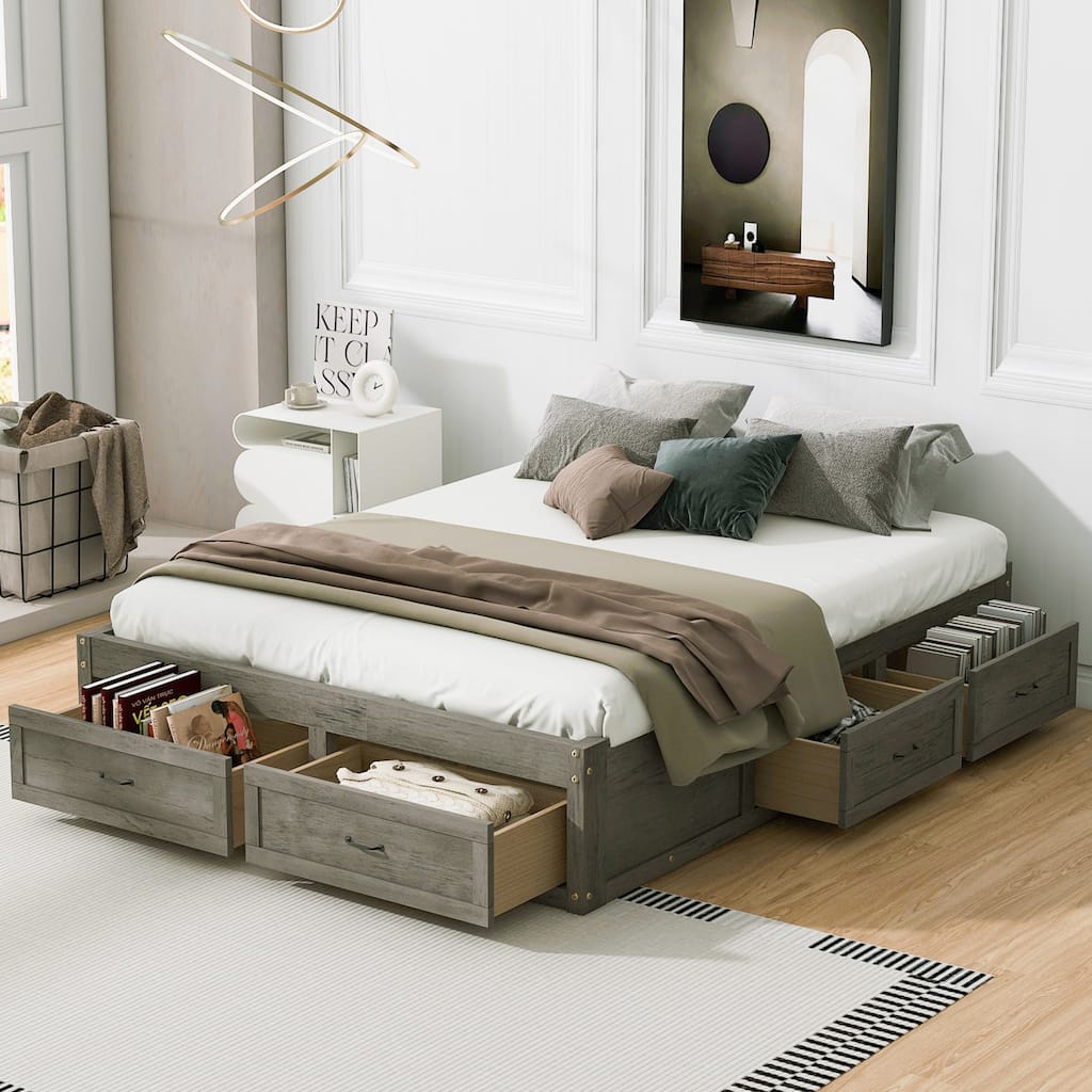 Queen Size Platform Bed with 6 Storage Drawers, Antique Gray