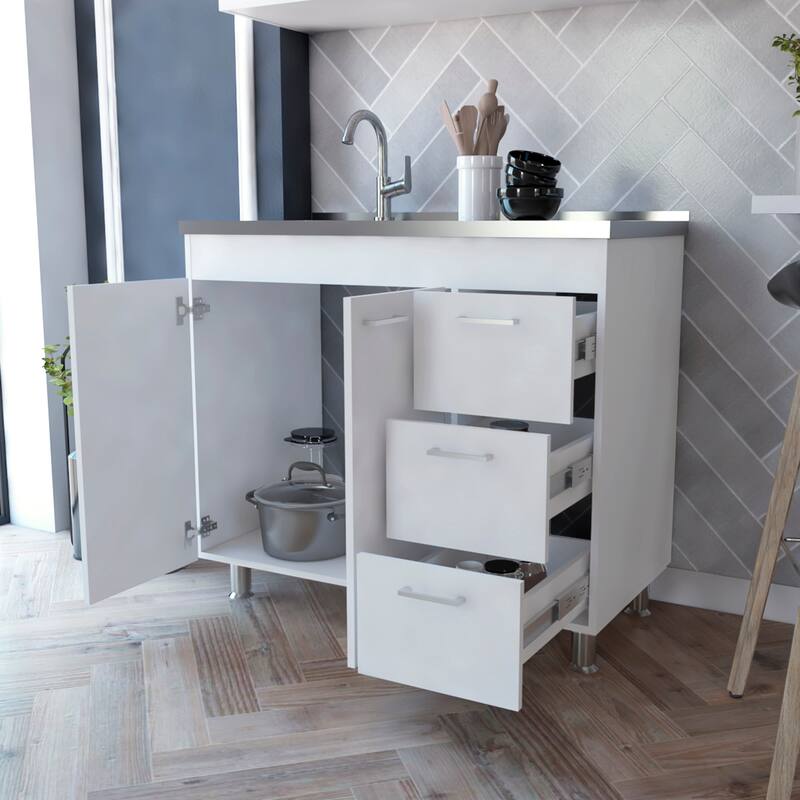 39-inch Wide Double Door Utility Sink cabinet with 3 Drawers - N/A