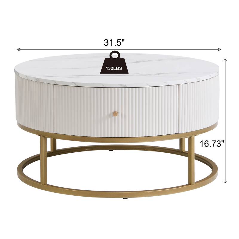 31.5" Iron Faux Marble Table Round End Table with Two Drawers and Anti-Slip Pads