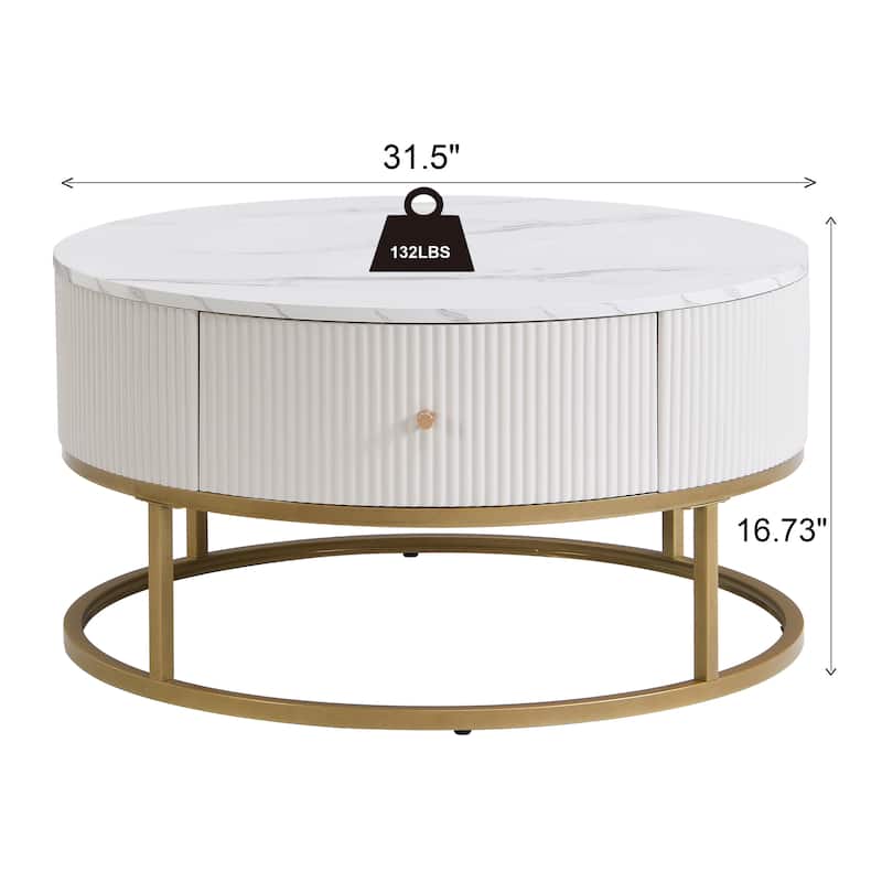 Modern Round Coffee Table Artificial Marble Table with 4 Non-Slip Mats Off-White Striped Drawers, for Living Room