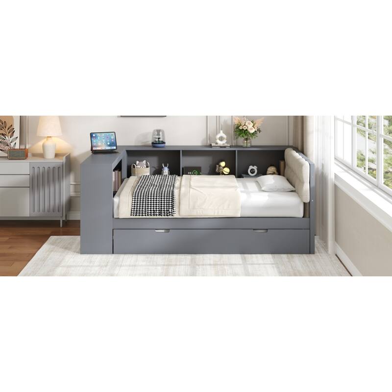 Roomfitters Twin/Full Wood Platform Bed with Trundle, Charging Station and Upholstered Headboard