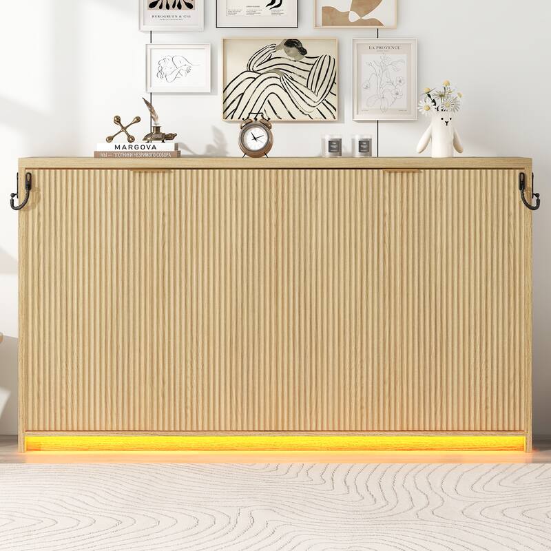 Twin-Size Murphy Bed with LED Lighting, Folds into a Cabinet, Natural Finish