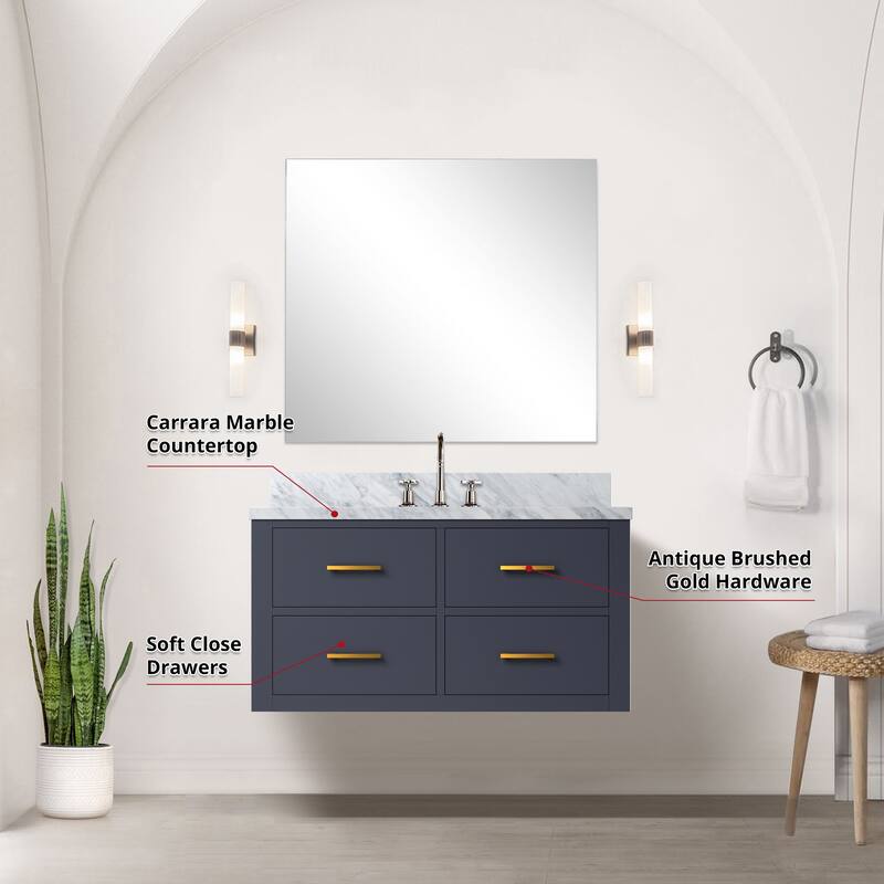 Castor Bath Vanity with Carrara Marble Top, Sink, Mirror and Faucet