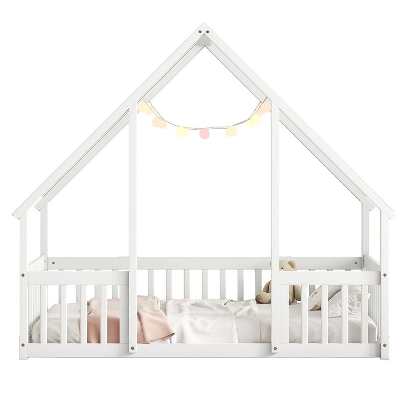 Twin Size Solid Wood House-Shaped Floor Bed with Fence and Guardrails