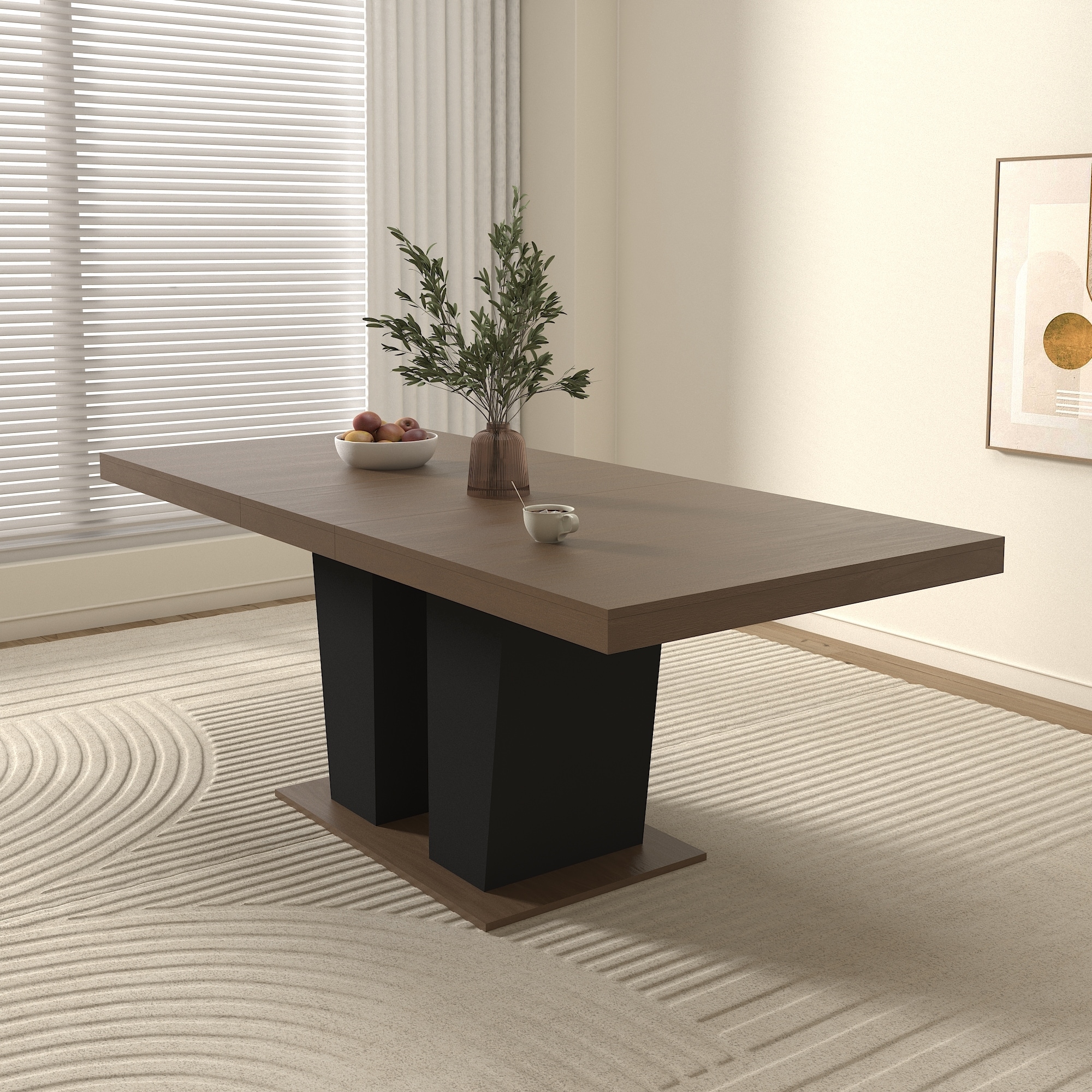 Modern Extendable Dining Table – Seats 4 to 10, Wooden Transformer Table with Sturdy Black Double Pedestal Base.