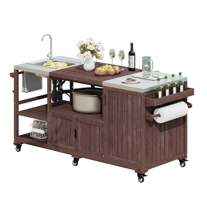 Kitchen Island with Sink, Grill Cart for Big Green Egg Grills, Rolling Bar Cart with Stainless Steel Top for Pizza Prep and BBQ