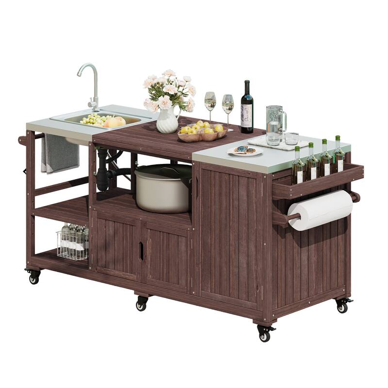 Roomfitters 75.4" Outdoor Kitchen Island with Sink, Fir Wood Grill Cart for XL Green Egg & Tabletop Grills
