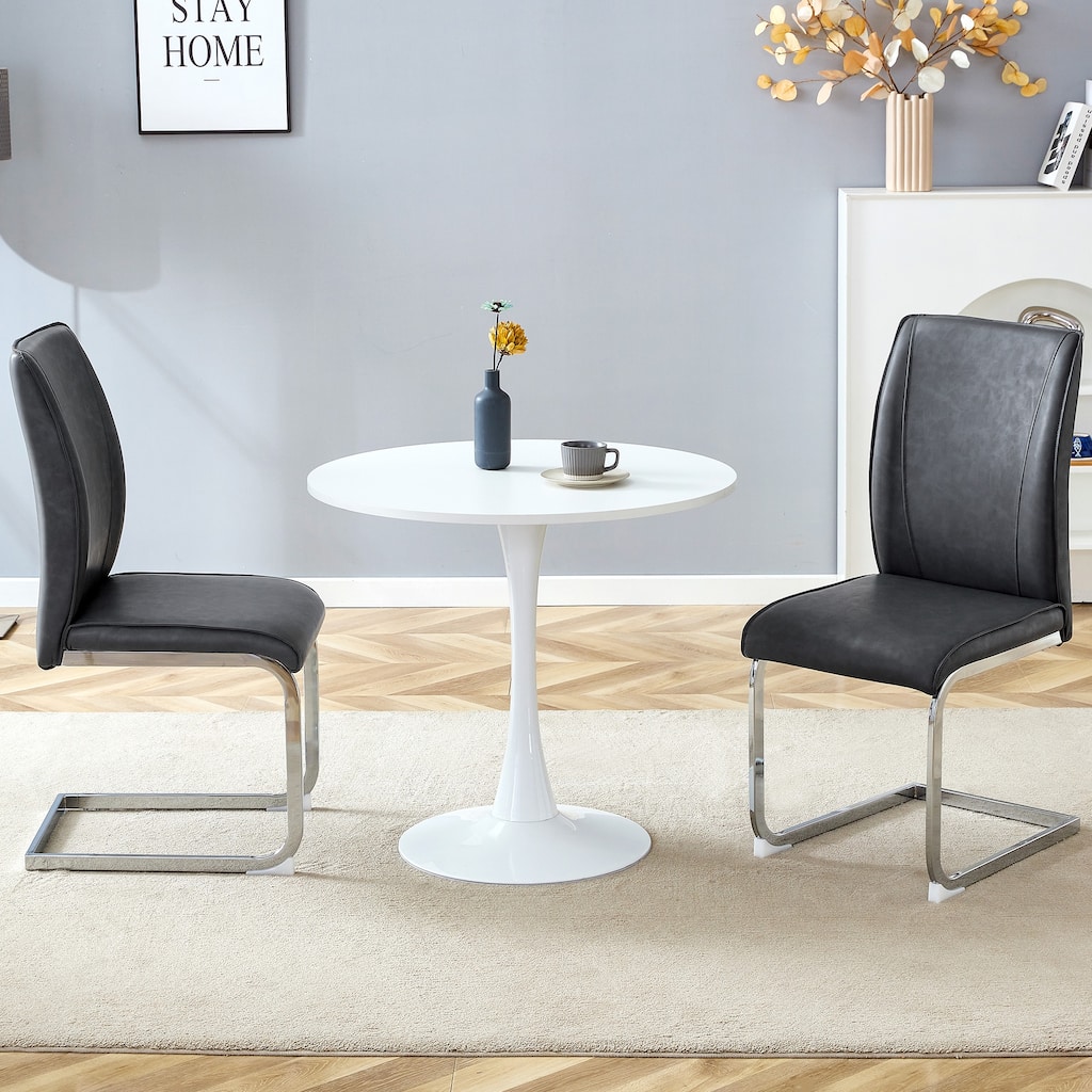 Table and chair set,Hourglass-Shaped Stable Small Round Table With 2 Soft and Comfortable PU Chair With Arched Metal Leg
