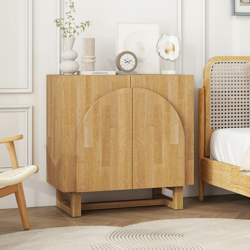 Wood Sideboard Buffet, Storage Cabinet with Adjustable Shelf, Accent Cabinet with Handle-Free Fan-Shaped Doors - Natural