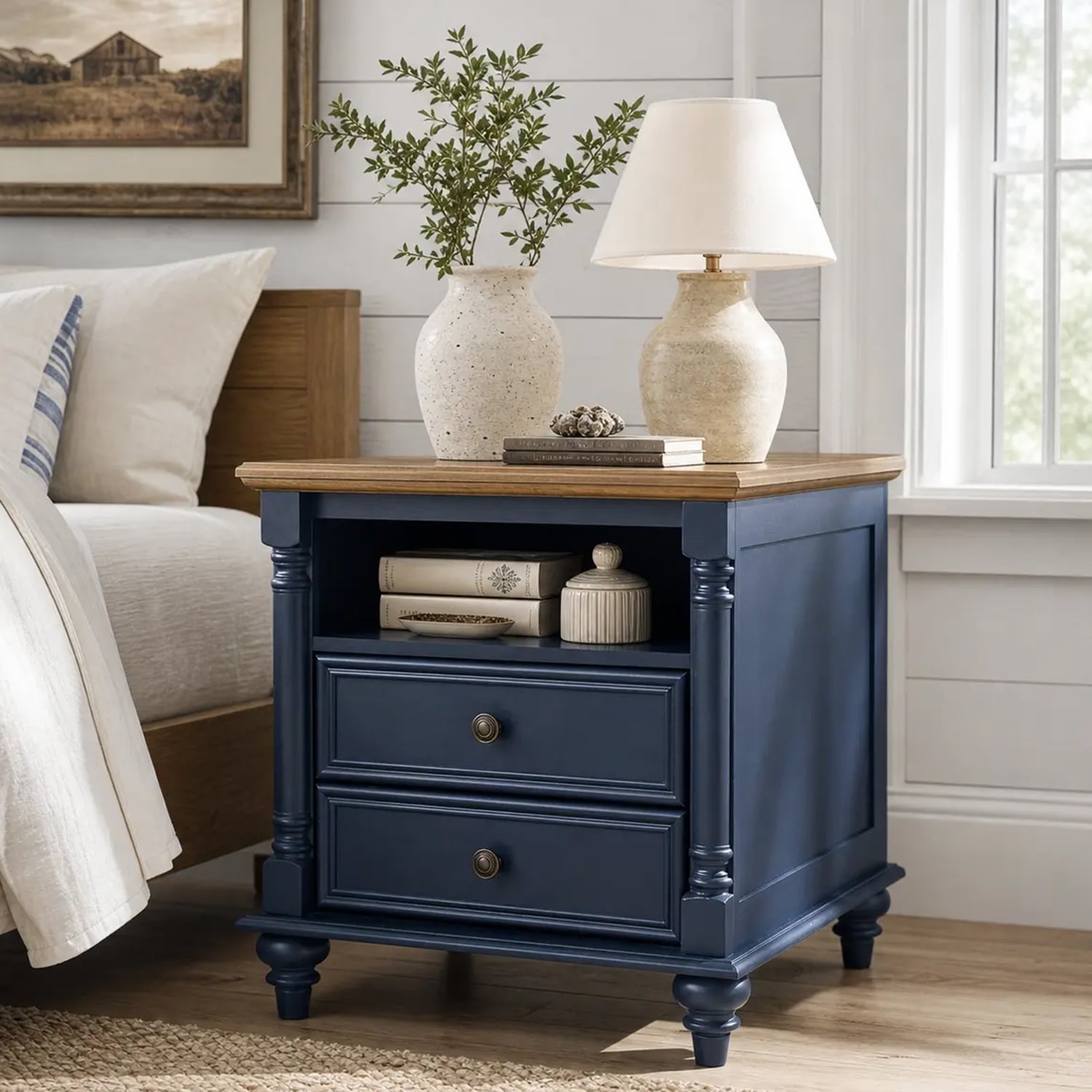 Farmhouse Nightstand Solid Wood Feet, Sofa Table with Charging Station