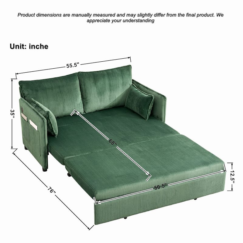 Roomfitters 55" Modern Corduroy Sofa Bed with Pull-out Sleeper Design, Modular Daybed with Storage Pocket & Pillows