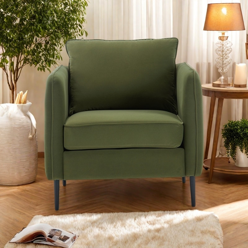 Velvet Mid-Century Modern Accent Chair with Metal Legs and Included Pillow