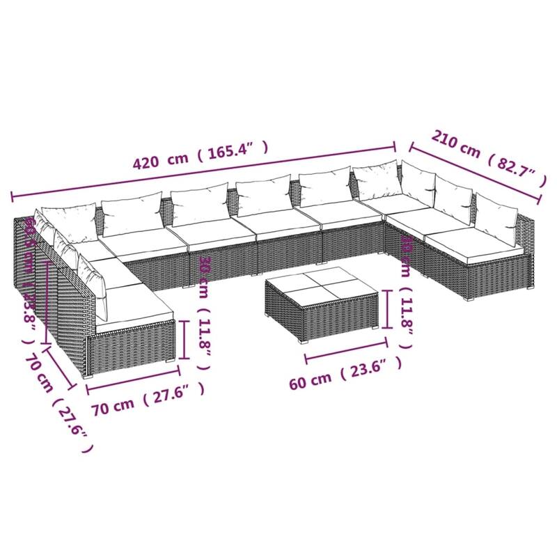vidaXL 7 Piece Patio Lounge Set with Cushions Poly Rattan Brown - 27.6" x 27.6" x 24" - 27.6" x 27.6" x 24"