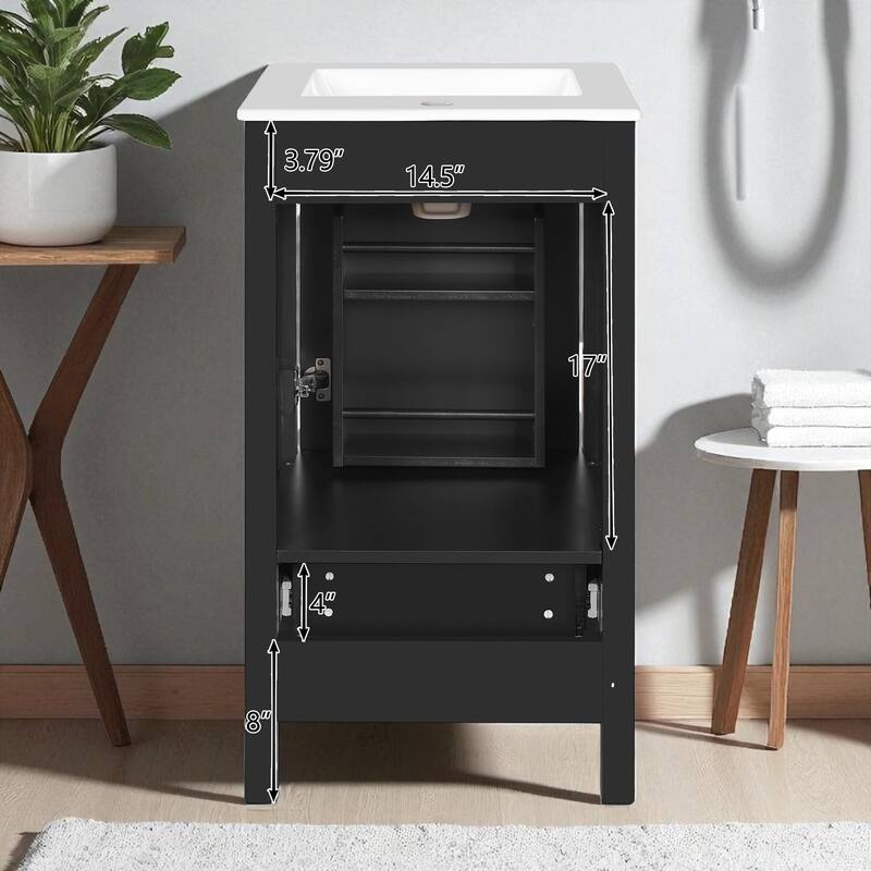 18" Small Bathroom Vanity with Ceramic Sink, Freestanding Storage Cabinet with Soft Close Drawer and Door, Adjustable Shelf