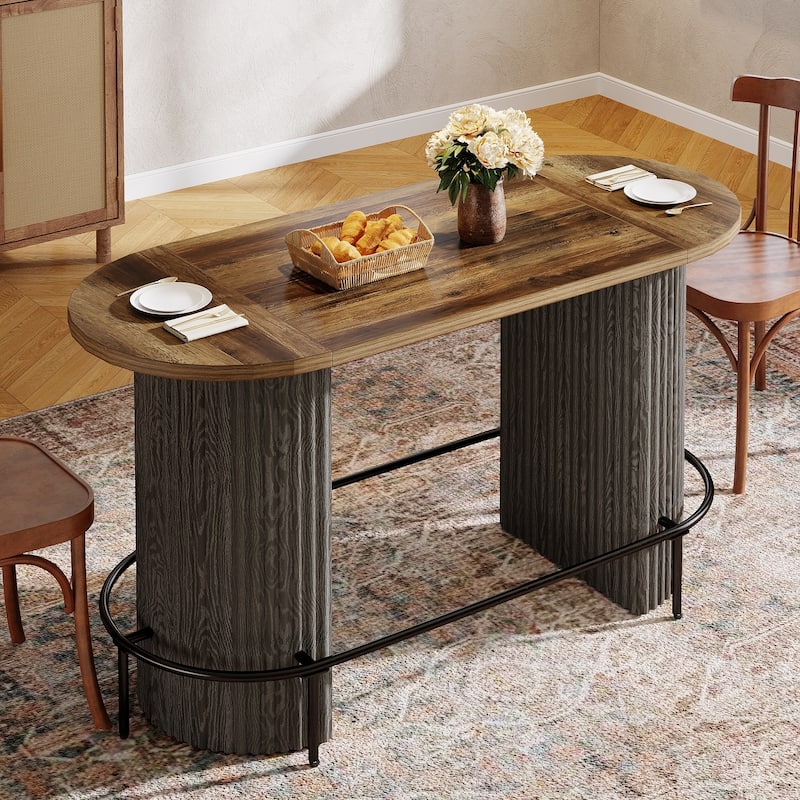 Modern Industrial Oval Bar Table, Counter Height Pub Dining Table with Footrest