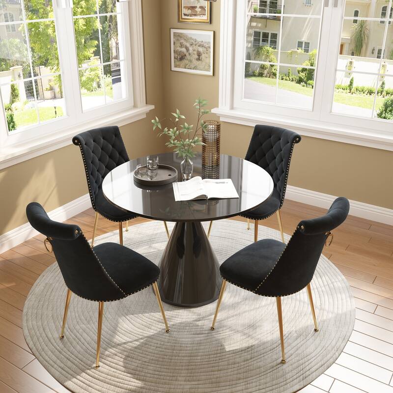 48" Light Luxury Black High Gloss Large Countertop Dining Table with Velvet Dining Chair Set