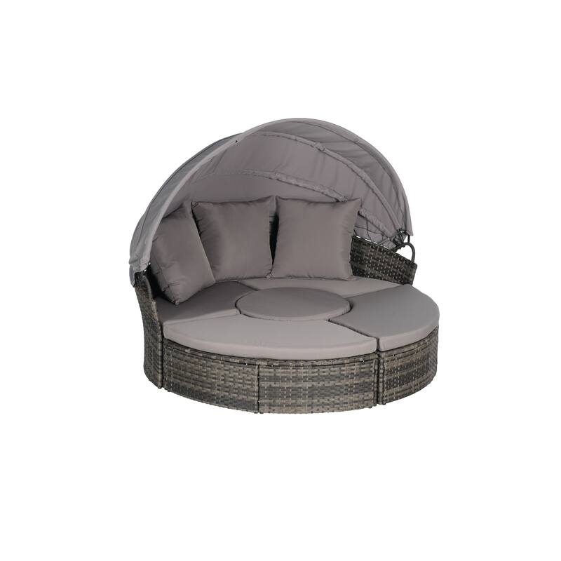 5-Piece Outdoor Patio Conversation Set Wicker Daybed Set with Canopy, Storable Table&Soft Cushions