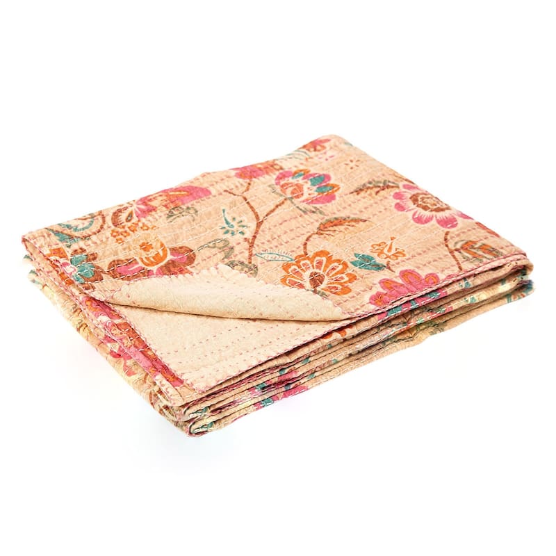 HomeRoots 70" X 50" Beige Pink Orange and Green Kantha Cotton Floral Throw Blanket with Embroidery