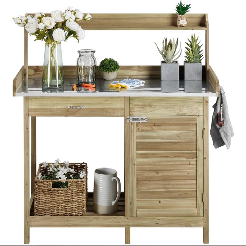 Yaheetech Fir Wood Potting Bench with Metal Tabletop