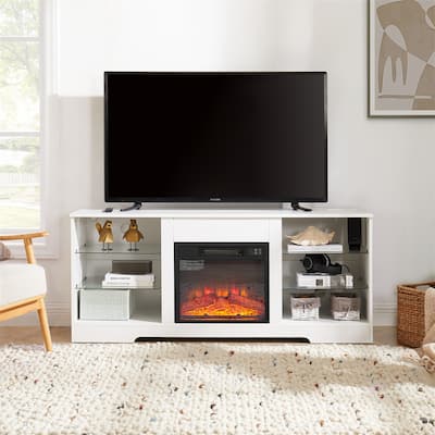 TV Stand Electric 3D Fireplace TV Stand with Glass Shelves