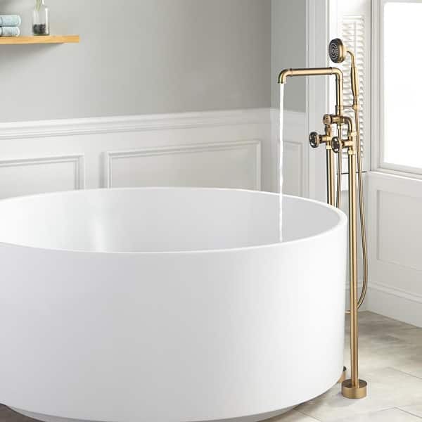 slide 2 of 25, Rbrohant Industrial Style Freestanding Bathtub Faucet, High Flow Shower Floor Mounted Tub Faucets Brushed Gold