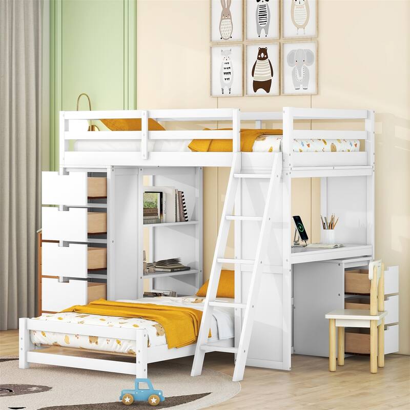 Merax Twin over Twin Bunk Bed with LED Light and USB Ports, 5 drawers - White