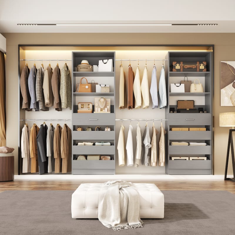 Qvella 95''-136'' W Closet System with 8 Wooden Drawers and 4 Hanging Rods, Walk-in Closet Organizer with 6 Storage Shelves - Grey