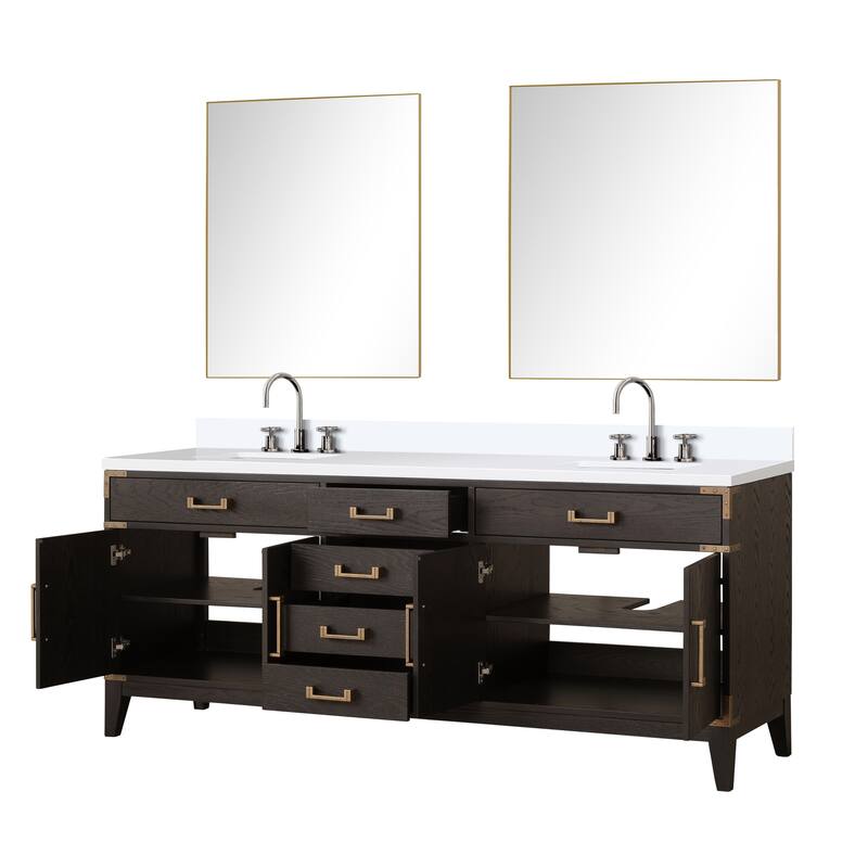 Laurel 60 in W x 22 in D Black Oak Double Bath Vanity, White Quartz Top, Faucet Set, and 28 in Mirrors