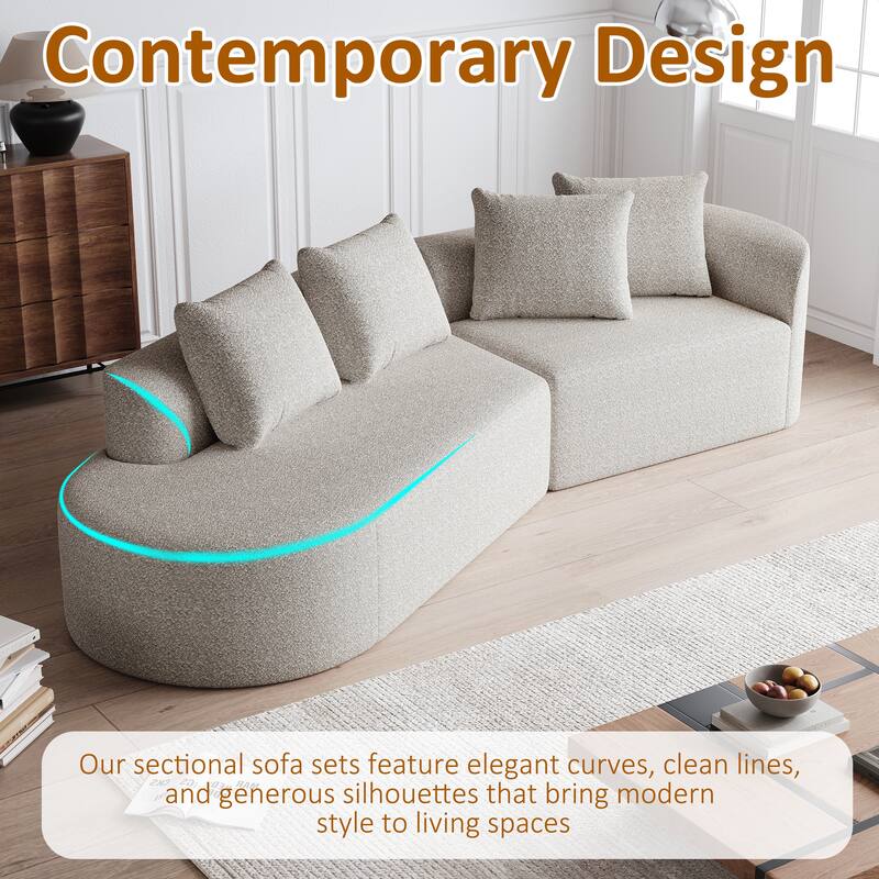 Upholstered Oversized Sectional Sofa, 112-Inch Chenille 4-Seater Extra Deep & Wide Seat Curved Cloud Couch with 4 Throw Pillows