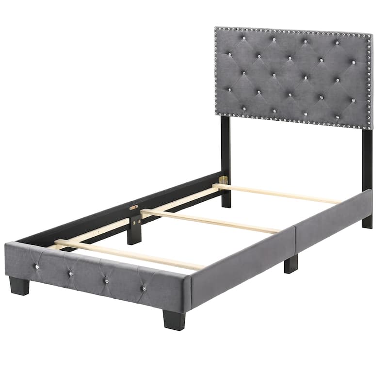 Velvet Upholstered Tufted Twin Panel Bed - 77" - Gray