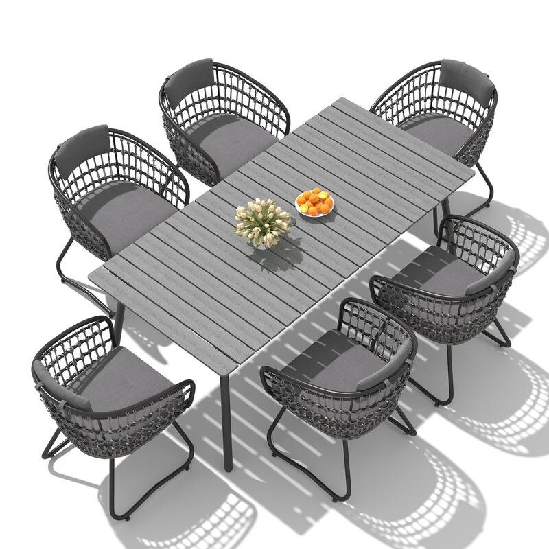 7-Piece Set Outdoor Patio Aluminum Dining Table and PE Rattan Wicker Dining Chairs