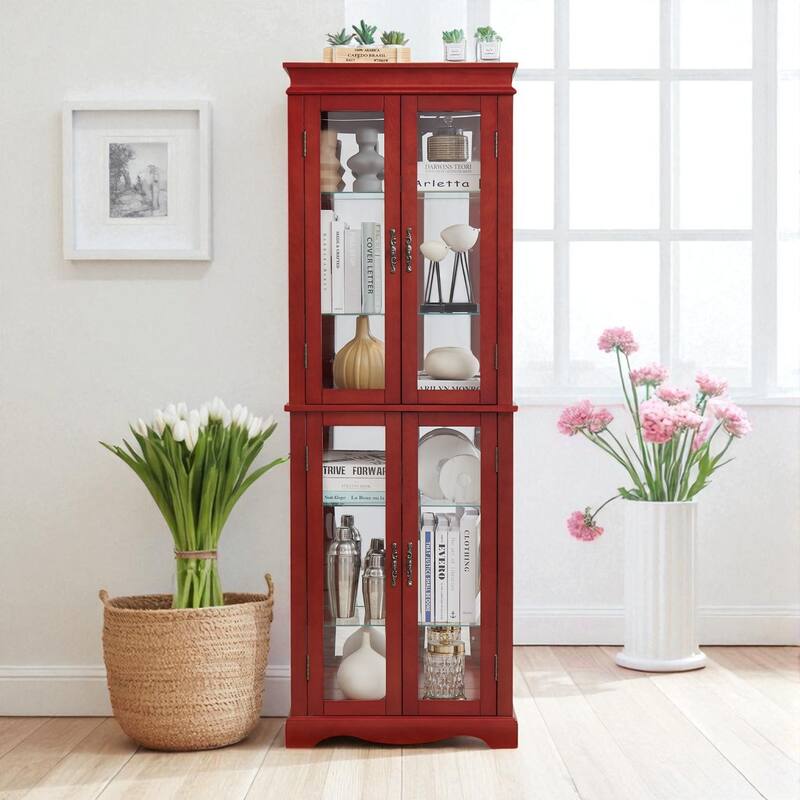 Lighted Glass Display Cabinet with Adjustable Shelves, Wood Frame and Six-Tier Design, Bulb Included - Cherry