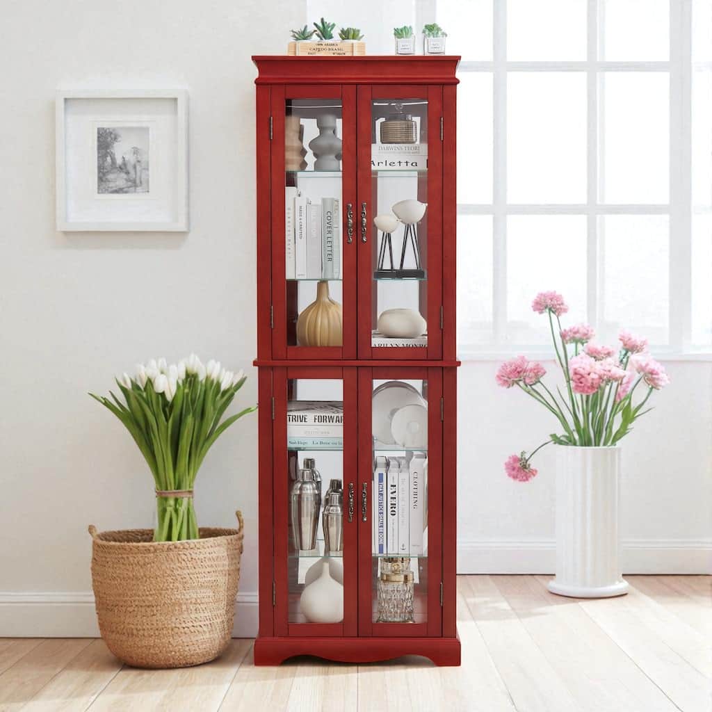 Lighted Glass Display Cabinet with Adjustable Shelves, Wood Frame and Six-Tier Design, Bulb Included