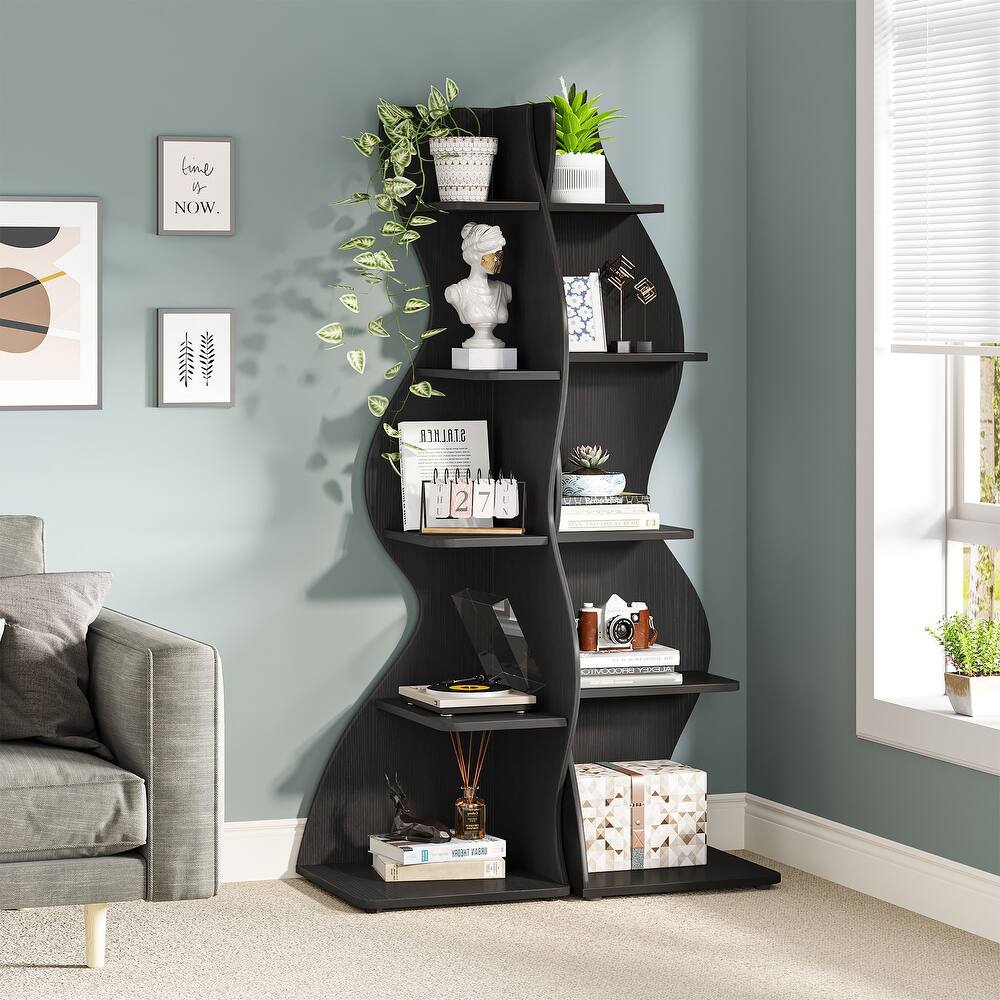 Modern Wood Corner Shelf, 5-Tier Bookshelf Bookcase for Living Room