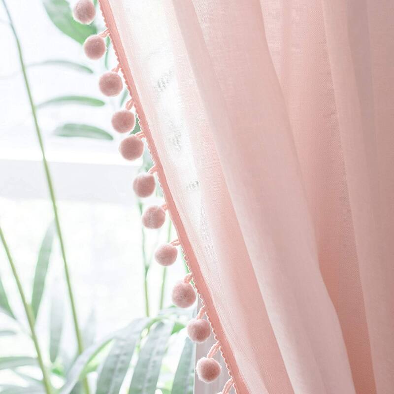 DriftAway Laura Pom Pom Sheer Window Curtain Panel Pair - 52" width x 84 " length - Soft Pink