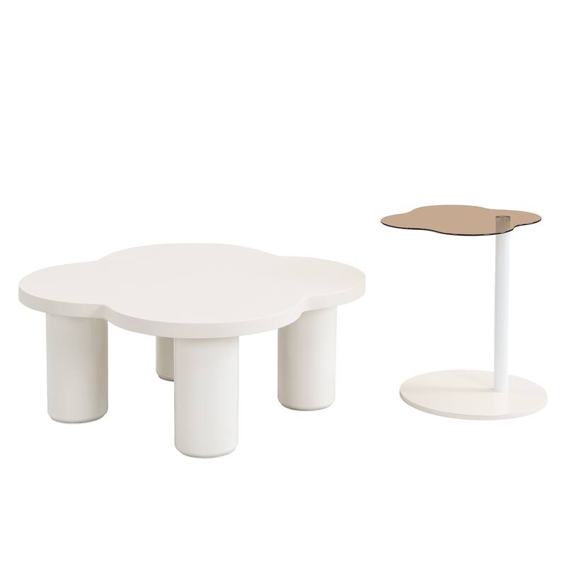 Modern Coffee Table Set of 2, Irregular Shape Coffee Table with 4 Roman Column Legs and End Table with Glass Top for Living Room