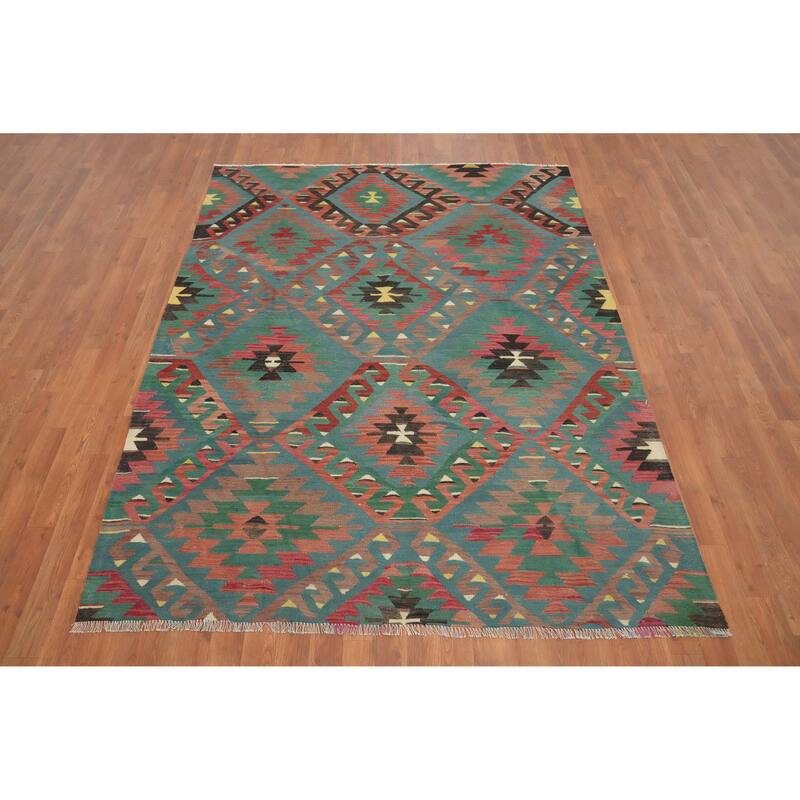 Hand Woven Oriental 100% Wool Carpet Southwestern Tribal Navy Blue & Blues Kilim Area Rug - 7' 3'' X 5' 7''