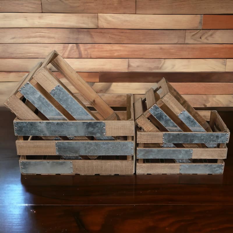 Brown Wood Crate with Metal Accent and Studs (Set of 4)