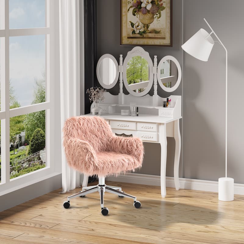 Vinsetto Faux Fur Desk Chair, Swivel Vanity Chair with Adjustable Height and Wheels for Office, Bedroom, Pink