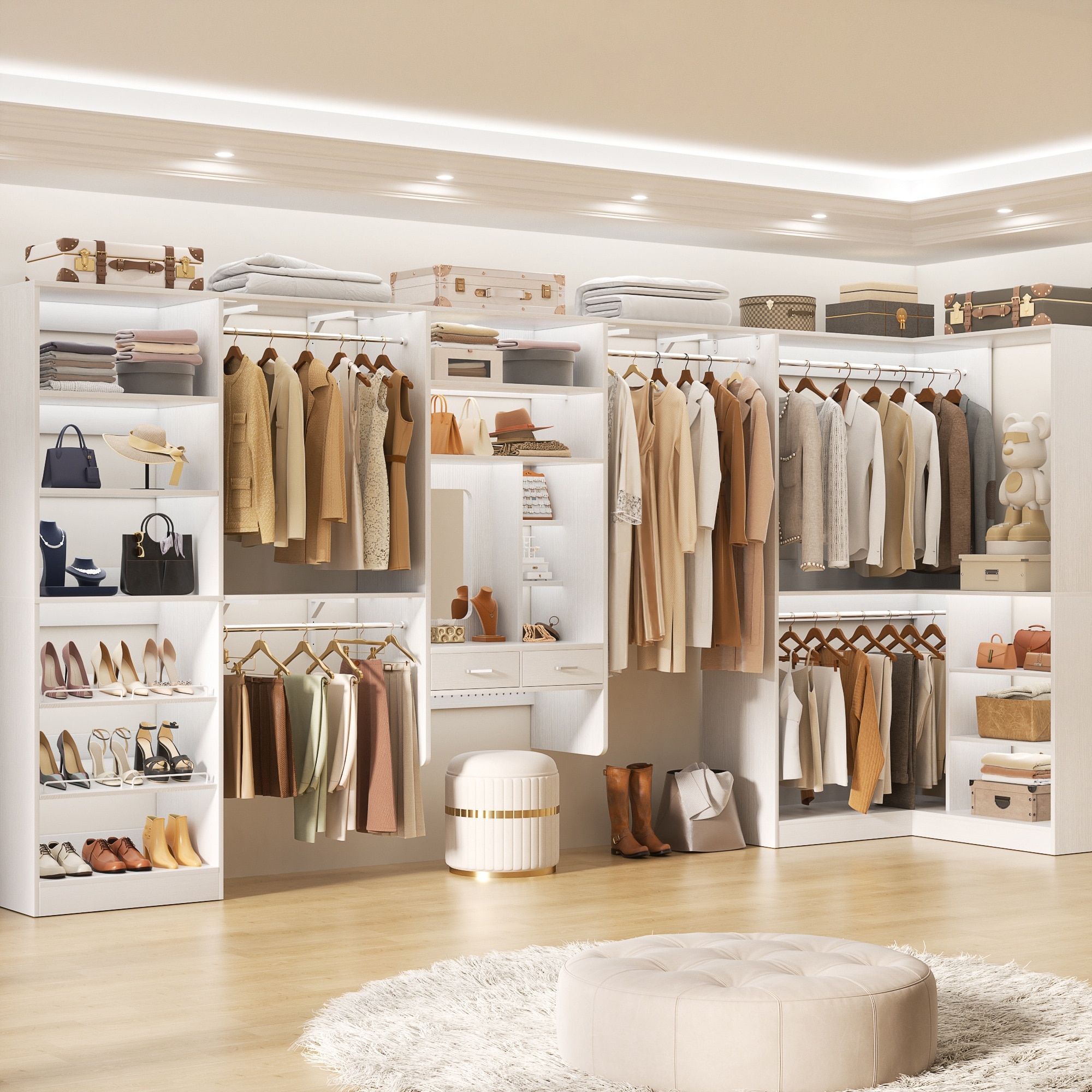 Cimly Closet System with Makeup Vanity, All-in-one Corner Closet Organizer with Shoe Rack and Tower Shelves