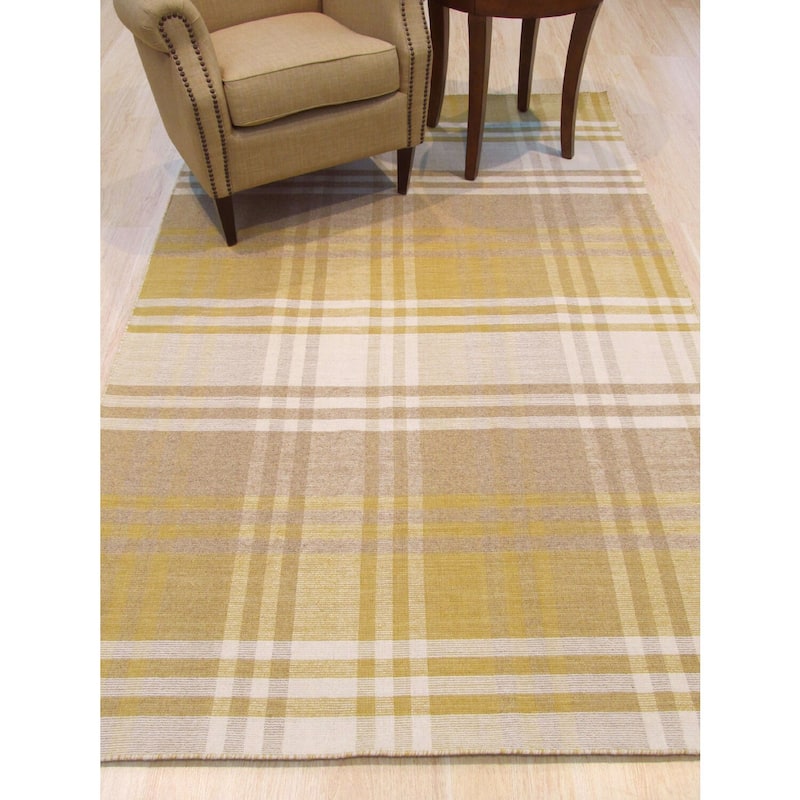 Yellow Handmade Wool Transitional Plaid Rug, 12' x 15', Bright Cozy Statement Piece - L
